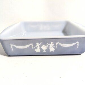 Vintage Glasbake J-247 Grecian Blue and White Milk Glass Baking Dish 9x9x2" VGC